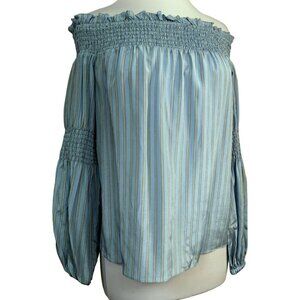 L'Agence Womens Mona Stripe Silk Off Shoulder Blouse Sky Blue Multi Sz S/P NEW